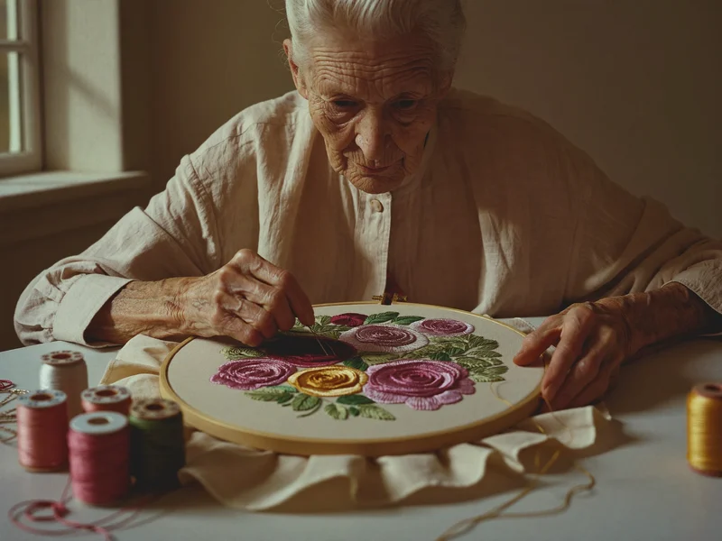 Telaio da ricamo con fiori incompleti su lino e fili di seta, illustrazione